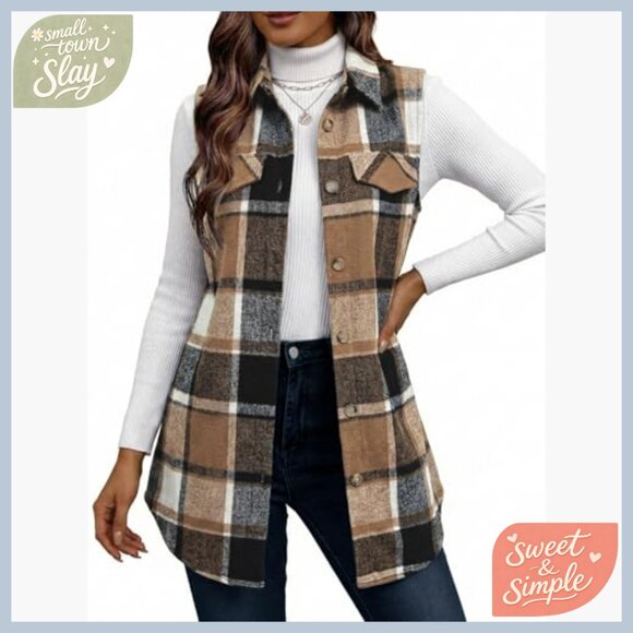 Women's Flannel Plaid Vest Jacket Fully-Lined Sleeveless Warm Casual Outerwear - Picture 2 of 7